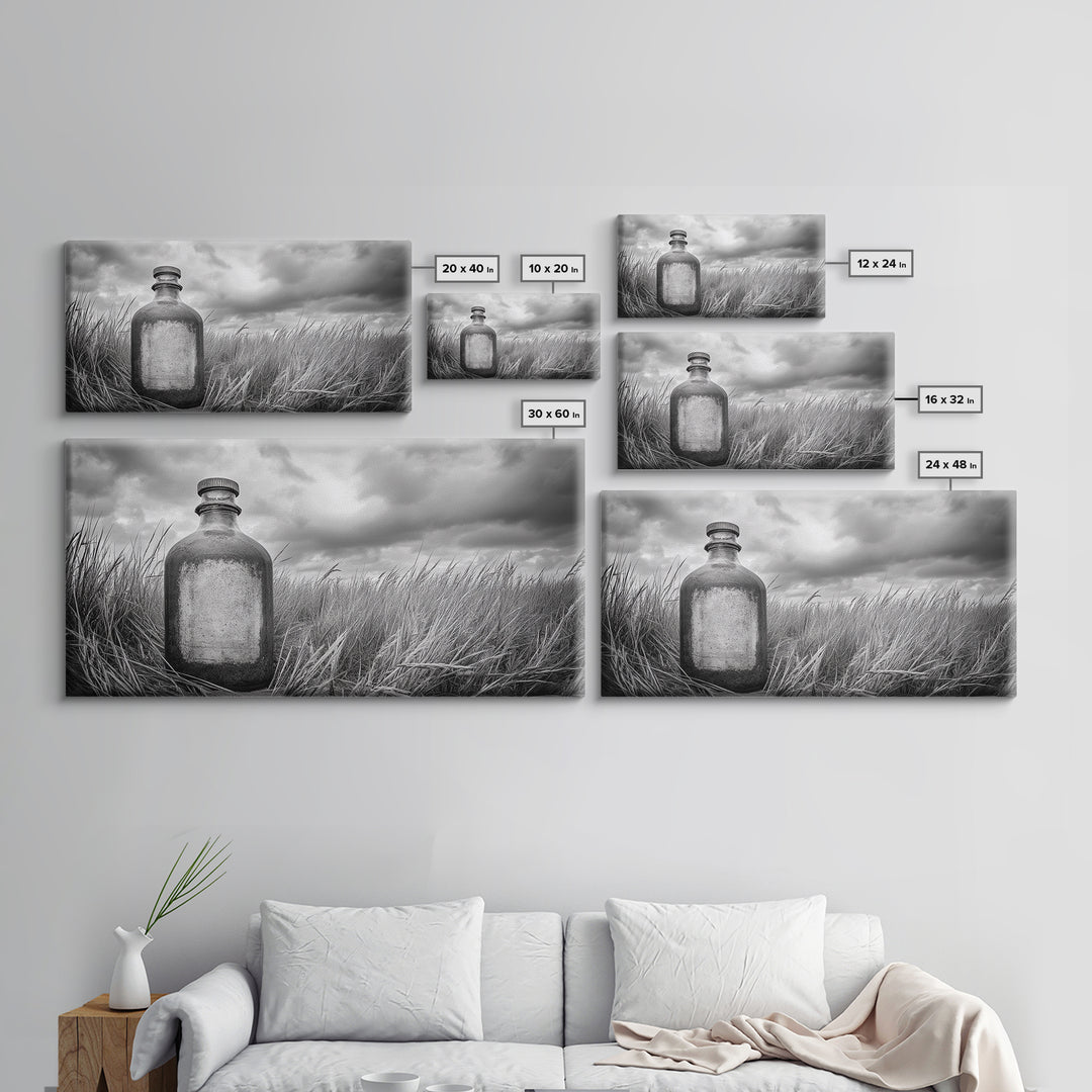 Antique Bottle Field, Rustic Outdoor Scene, Black and White Photography, Framed Canvas Print, Farmhouse Wall Art, Entryway Decor