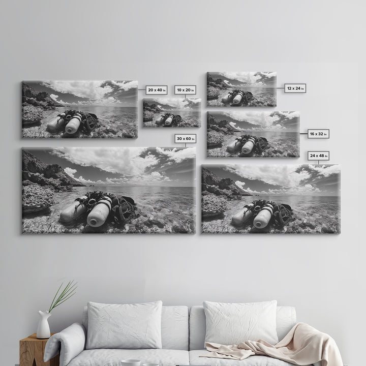 Dive Gear Shoreline, Ocean Exploration Scene, Black and White Adventure Art, Canvas Print, Nautical Decor, Man Cave Wall Art, Nautical Wall Art