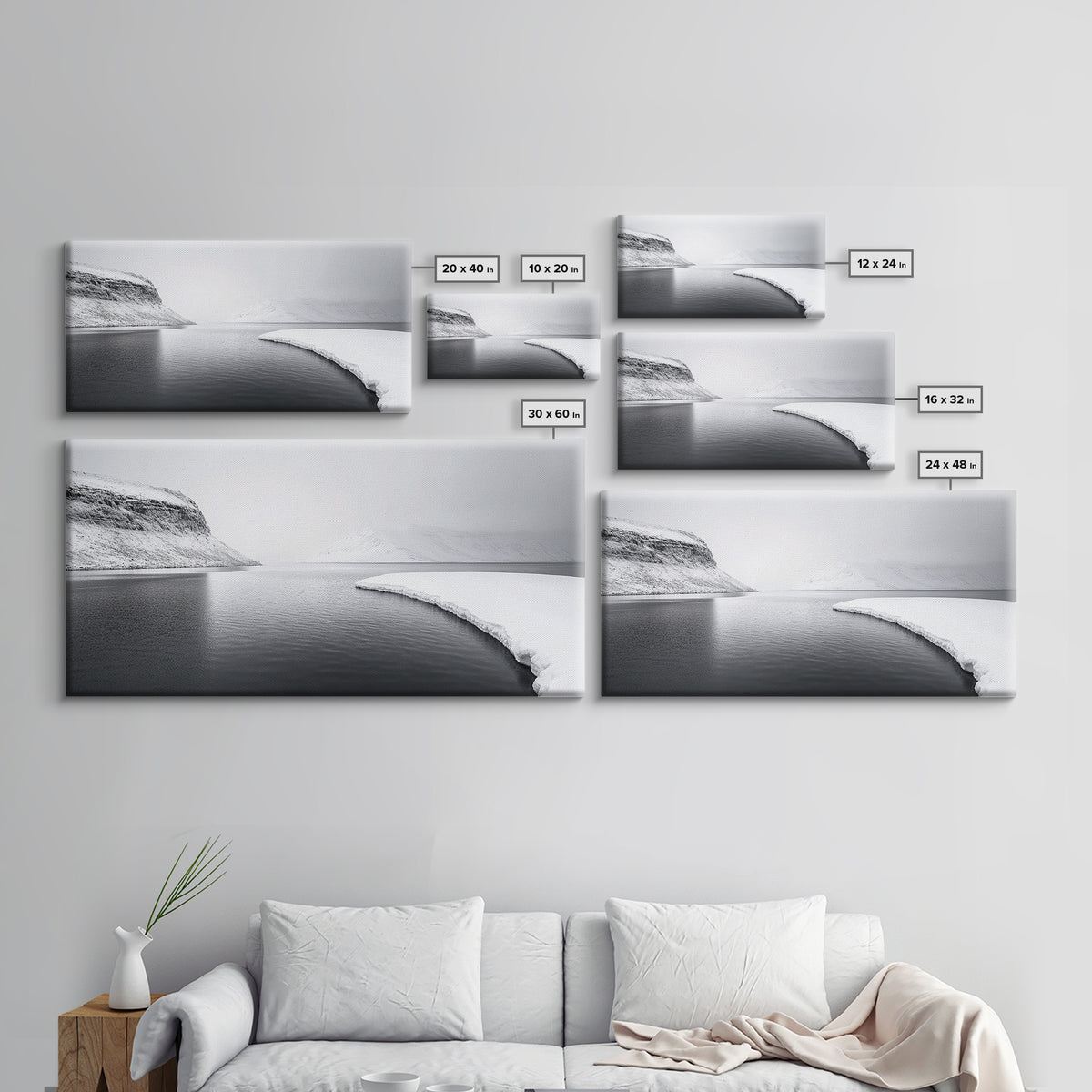 Arctic Coastline Silence, Minimal Snow Scene, Monochrome Nature Landscape, Framed Canvas Print, Scandinavian Wall Art, Office Calm Decor