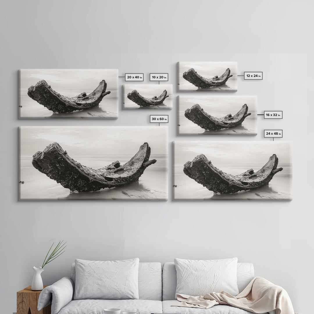 Coastal Shipwreck, Moody Beach, Driftwood Aesthetic, Minimalist Seascape, Canvas Print, Nautical Wall Art, Bathroom Decor, Ocean Art