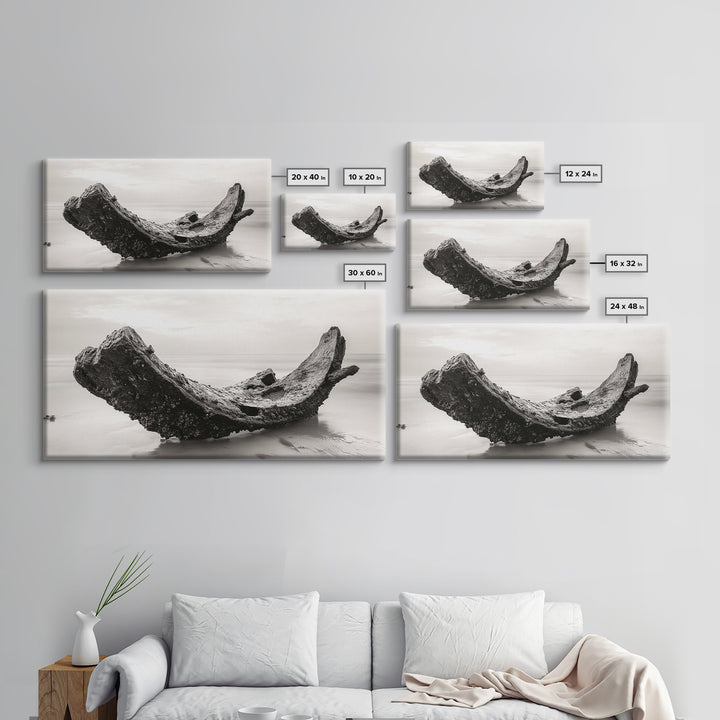 Coastal Shipwreck, Moody Beach, Driftwood Aesthetic, Minimalist Seascape, Canvas Print, Nautical Wall Art, Bathroom Decor, Ocean Art