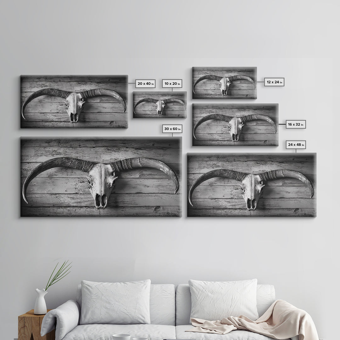 Bull Skull, Rustic Horns, Western Cabin Decor, Weathered Wood, Framed Canvas Print, Farmhouse Wall Art, Cowboy Office Decor, Rustic Wall Art