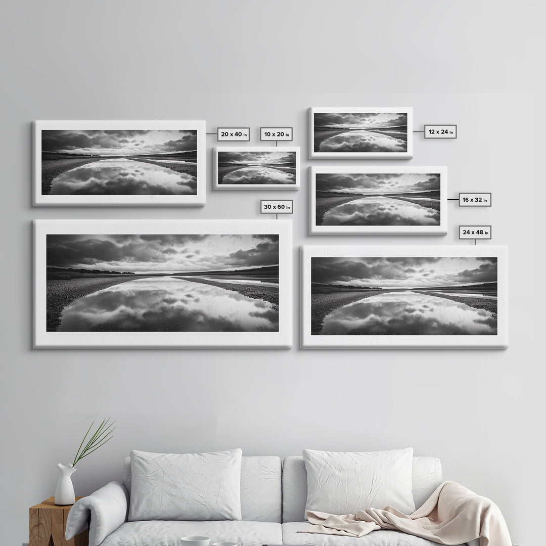 River Reflection, Cloudy Sky, Calm Nature Path, Modern Monochrome, Framed Canvas Print, Bedroom Wall Art, Minimalist Landscape Art