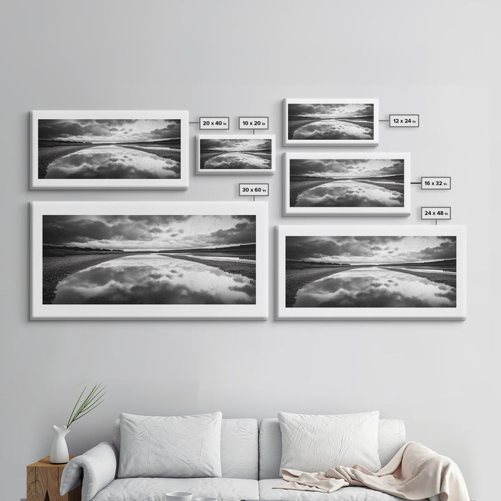 River Reflection, Cloudy Sky, Calm Nature Path, Modern Monochrome, Framed Canvas Print, Bedroom Wall Art, Minimalist Landscape Art