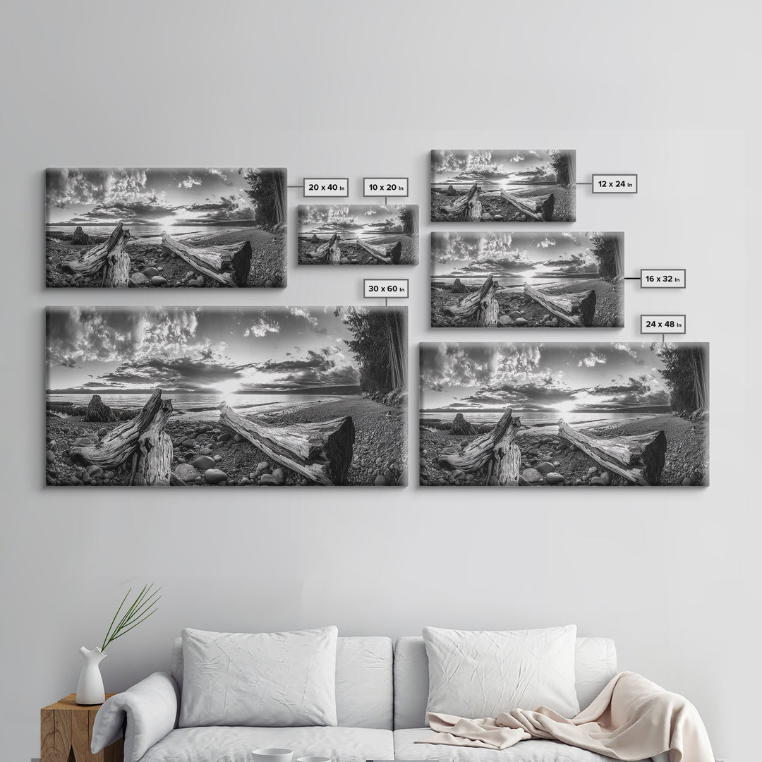 Driftwood Coastline, Rocky Beach Sunset, Nature Wall Art, Framed Canvas Print, Rustic Lake House Decor, Fall Coastal Aesthetic