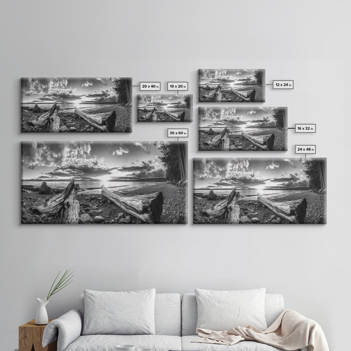 Driftwood Coastline, Rocky Beach Sunset, Nature Wall Art, Framed Canvas Print, Rustic Lake House Decor, Fall Coastal Aesthetic