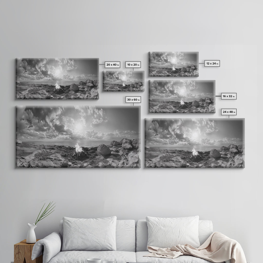 Coastal Campfire, Ocean Sunset, Rocky Shore, Bonfire Glow, Canvas Print, Nature Wall Art, Autumn Cabin Decor, Outdoor Retreat Style
