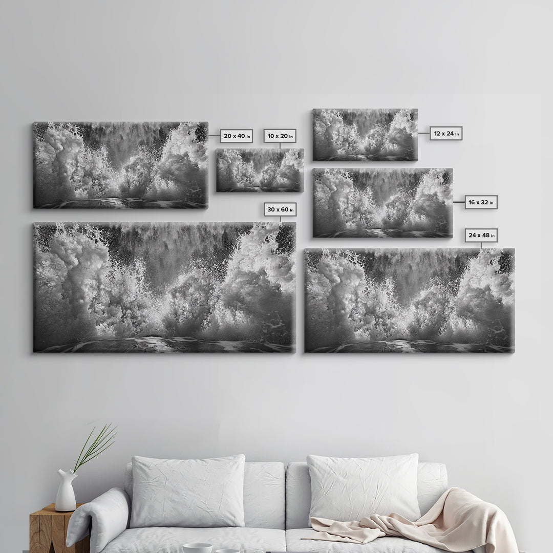 Ocean Splash, Sea Foam, Abstract Water, Coastal Waves, Framed Canvas Print, bathroom wall art, modern ocean photography, moody water art