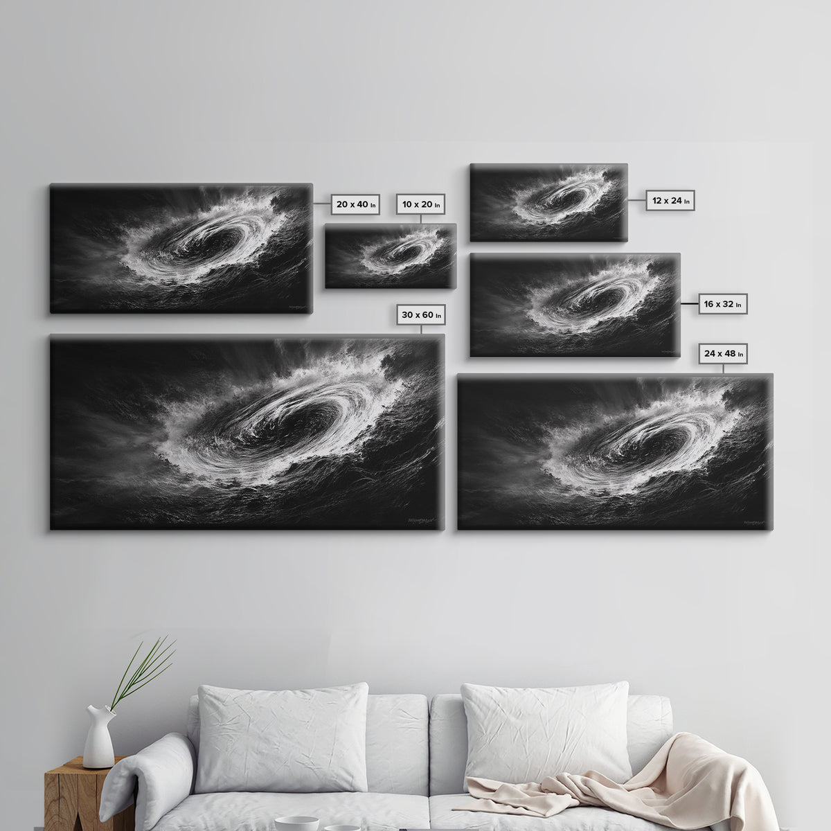 Ocean Vortex, Dramatic Waves, Sea Swirl, Storm Art, Framed Canvas Print, dark abstract art, gaming room decor, black and white power art