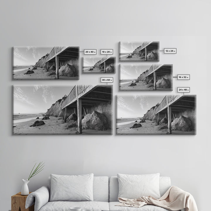 Coastal Cliff View, Seaside Escape, Beachside Structure, Framed Canvas Print, Rustic Wall Art, Modern Coastal Living Room Decor