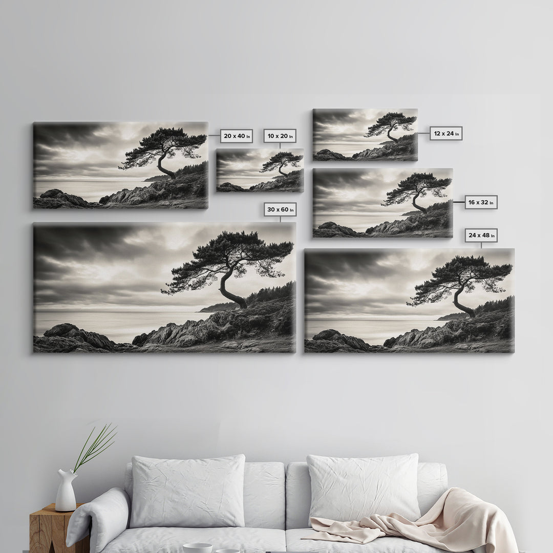 Coastal Tree, Windswept Cliff, Serene Horizon, Nature Escape, Framed Canvas Print, minimalist wall art, bedroom decor, zen nature print