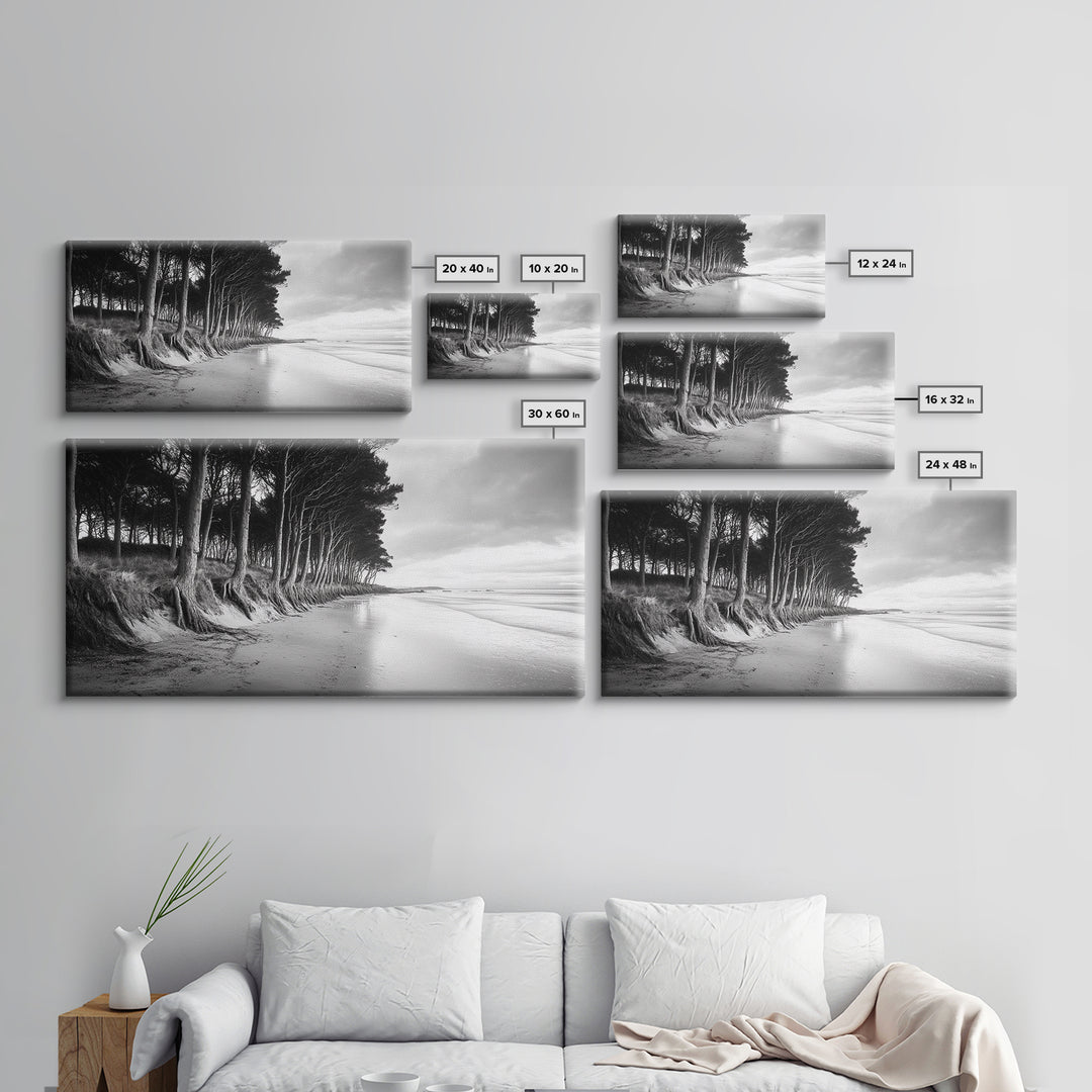 Pine Trees, Sandy Beach, Coastal Serenity, Driftwood Shore, Framed Canvas Print, neutral wall art, coastal rustic style, entryway landscape