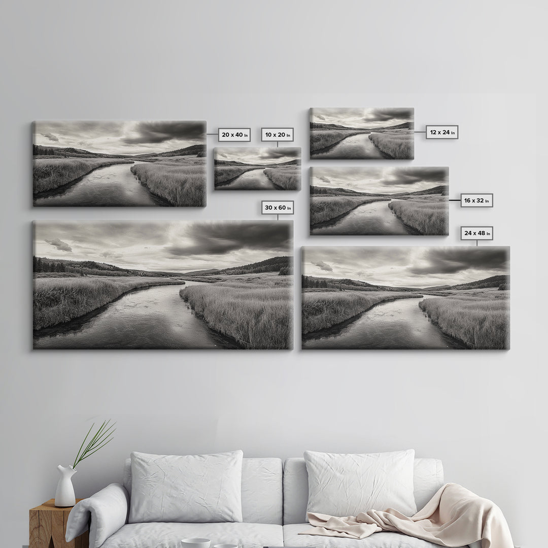 River Valley, Flowing Stream, Grassy Hills, Wilderness Calm, Framed Canvas Print, rustic home decor, Fall art, cabin wall landscape print