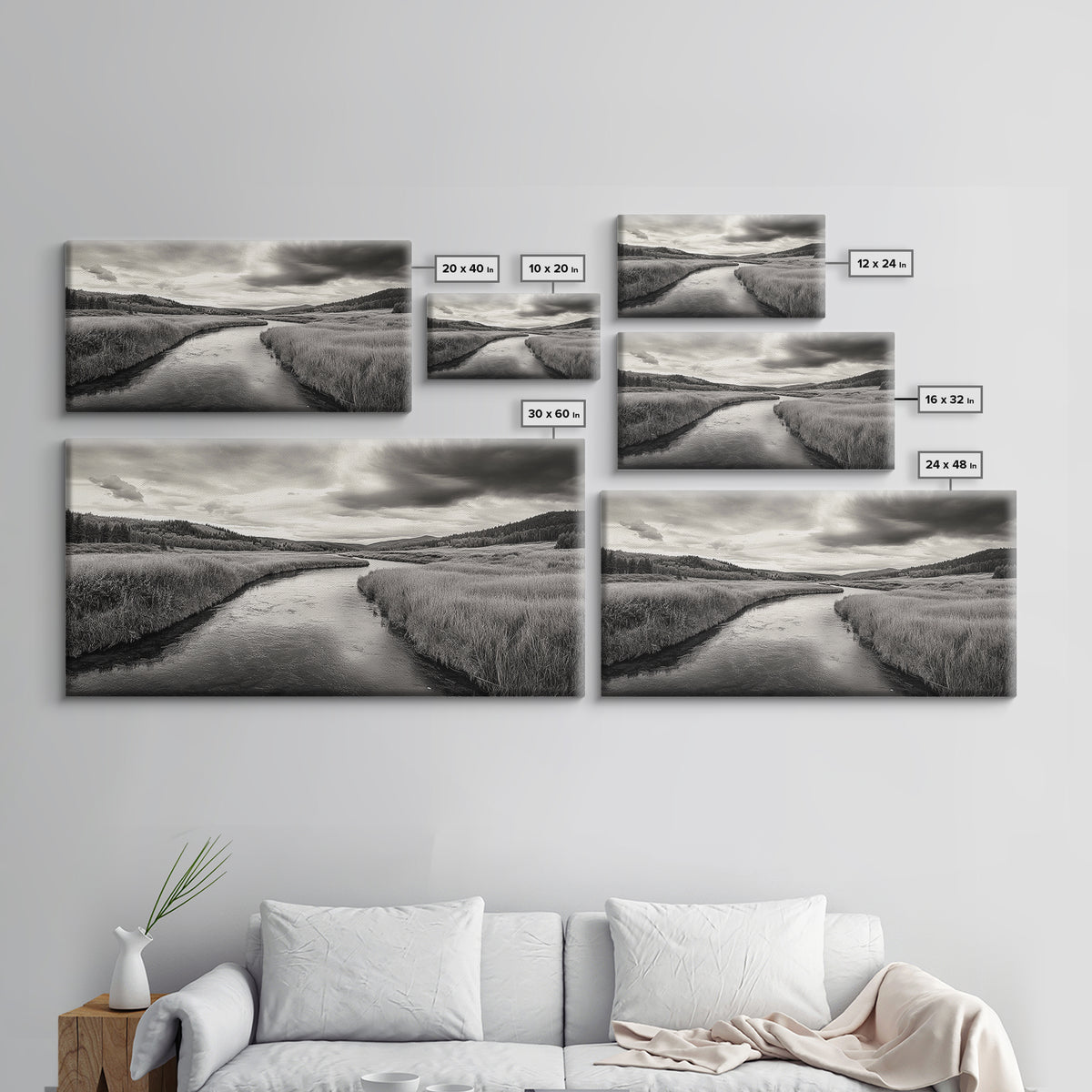 River Valley, Flowing Stream, Grassy Hills, Wilderness Calm, Framed Canvas Print, rustic home decor, Fall art, cabin wall landscape print