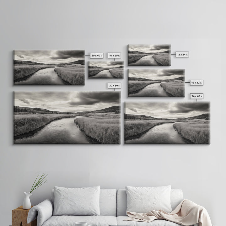 River Valley, Flowing Stream, Grassy Hills, Wilderness Calm, Framed Canvas Print, rustic home decor, Fall art, cabin wall landscape print