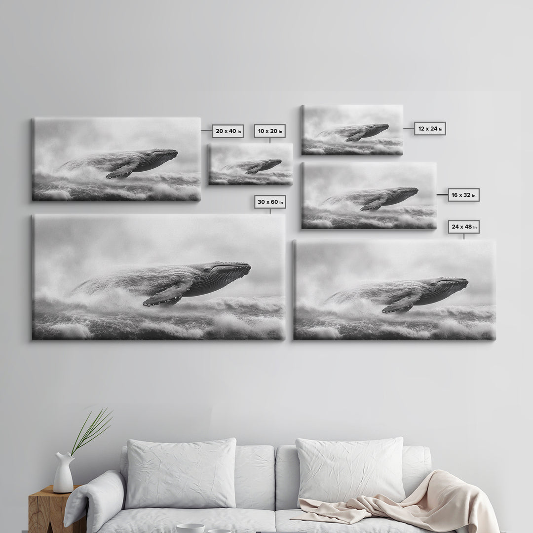 Breaching Whale, Ocean Waves, Marine Power, Framed Canvas Print, Nautical Bathroom Wall Art, Whale Watching Theme, Coastal Photography Art
