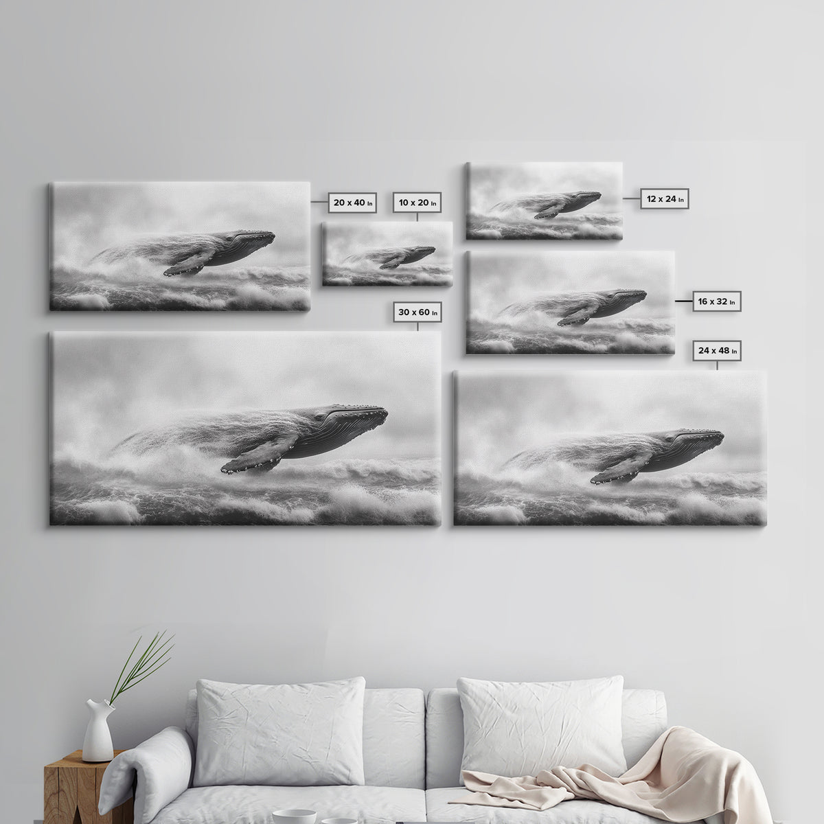 Breaching Whale, Ocean Waves, Marine Power, Framed Canvas Print, Nautical Bathroom Wall Art, Whale Watching Theme, Coastal Photography Art