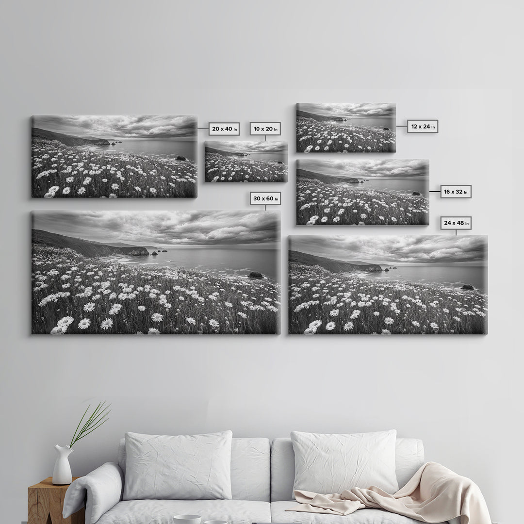 Coastal Flower Field, Ocean Meadow Scene, Seaside Wildflower Landscape, Serene Botanical Print, Living Room Art, Canvas Print