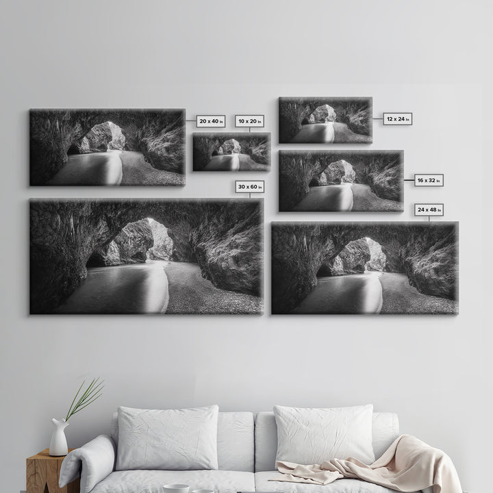 Ocean Cave Flow, Coastal Rock Wall Art, Moody Nature Seascape, Black White Beach Decor, Boho Bathroom Accent, Canvas Print, Monochrome Art