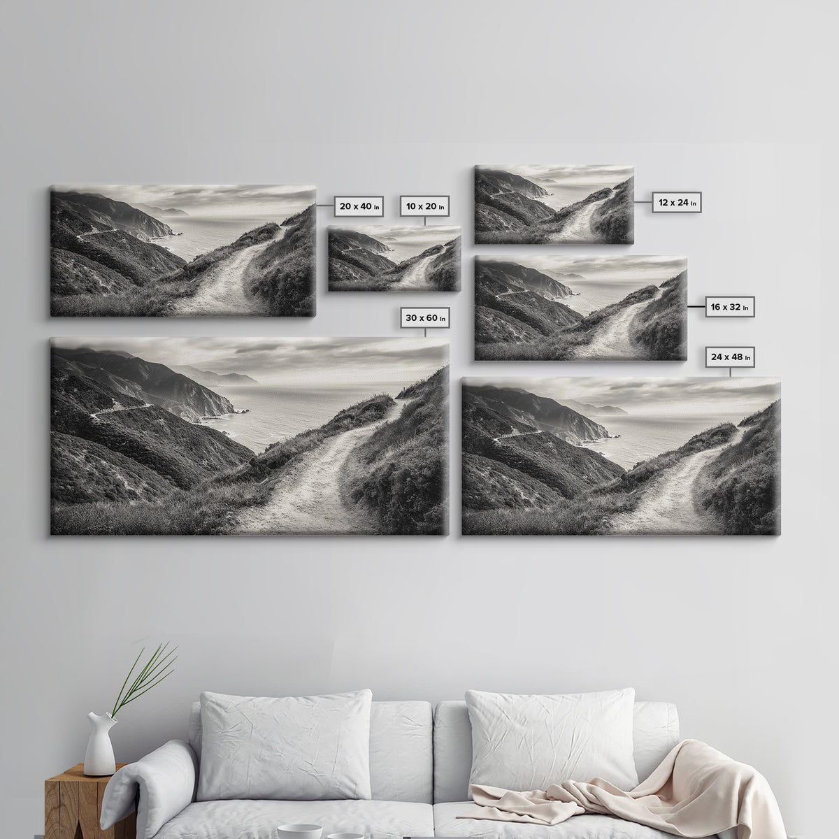 Cliffside Trail Path, Coastal Hiking Print, Rugged Ocean View, Nature Adventure Wall Art, Rustic Modern Decor, Framed Canvas Print