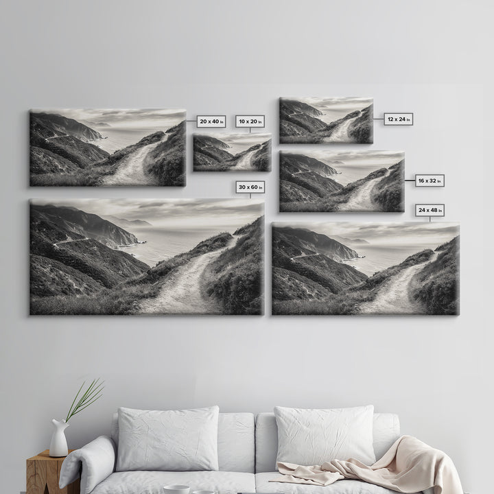 Cliffside Trail Path, Coastal Hiking Print, Rugged Ocean View, Nature Adventure Wall Art, Rustic Modern Decor, Framed Canvas Print