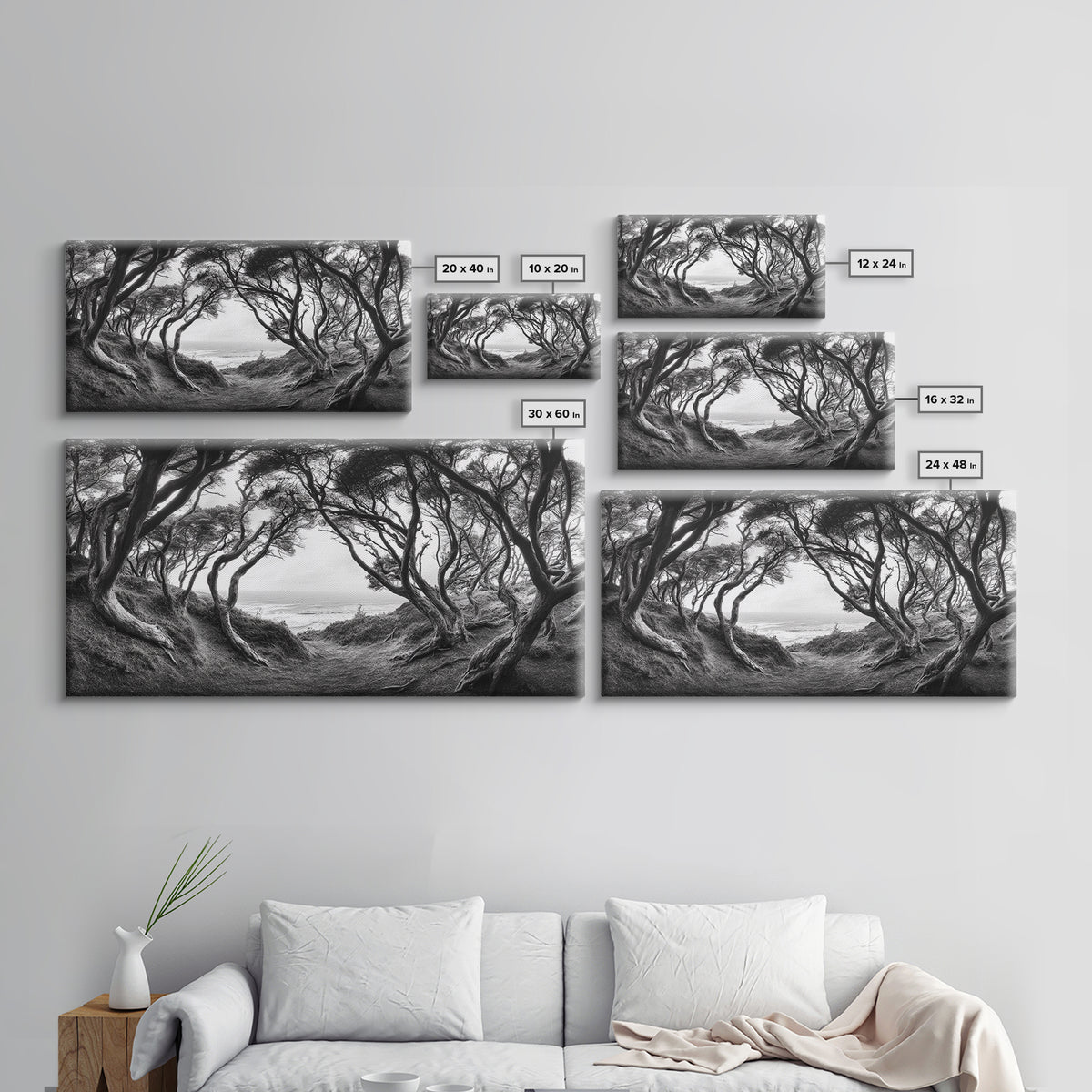 Coastal Trees, Windswept Forest, Ocean View, Framed Canvas Print, Boho Wall Art, Living Room Art, Nature Wall Decor, Monochrome Landscape