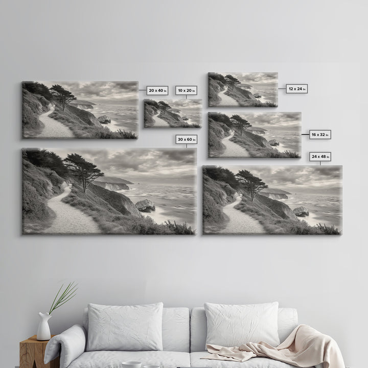 Coastal Path, Nature Trail, Ocean Cliff, Cypress Tree, Framed Canvas Print, Minimalist Wall Art, Living Room Decor, Scenic Landscape
