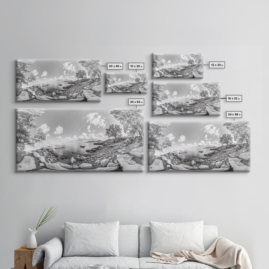 Rocky Cove, Tranquil Bay, Forest Edge, Panoramic Beach, Framed Canvas Print, Nature Art, Bathroom Wall Decor, Earthy Coastal View