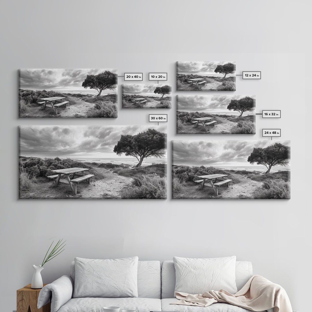 Picnic Table, Ocean Tree, Coastal Path, Windswept Scene, Framed Canvas Print, Rustic Wall Art, Fall Decor, Peaceful Beach Setting