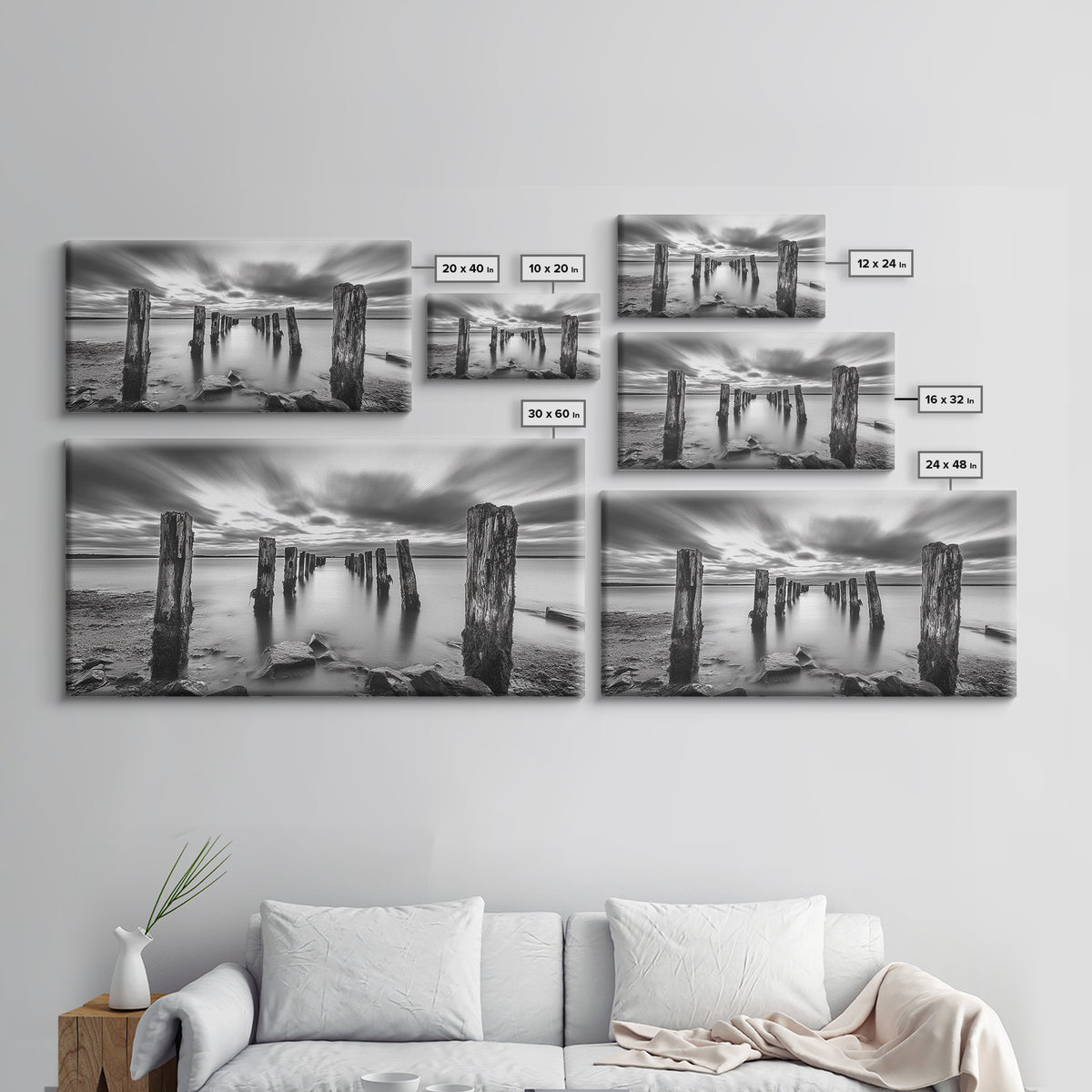 Ocean Pilings, Calm Waters, Cloud Streaks, Sunset Mood, Canvas Print, Minimalist Seascape, Bedroom Wall Art, Serene Beach Decor