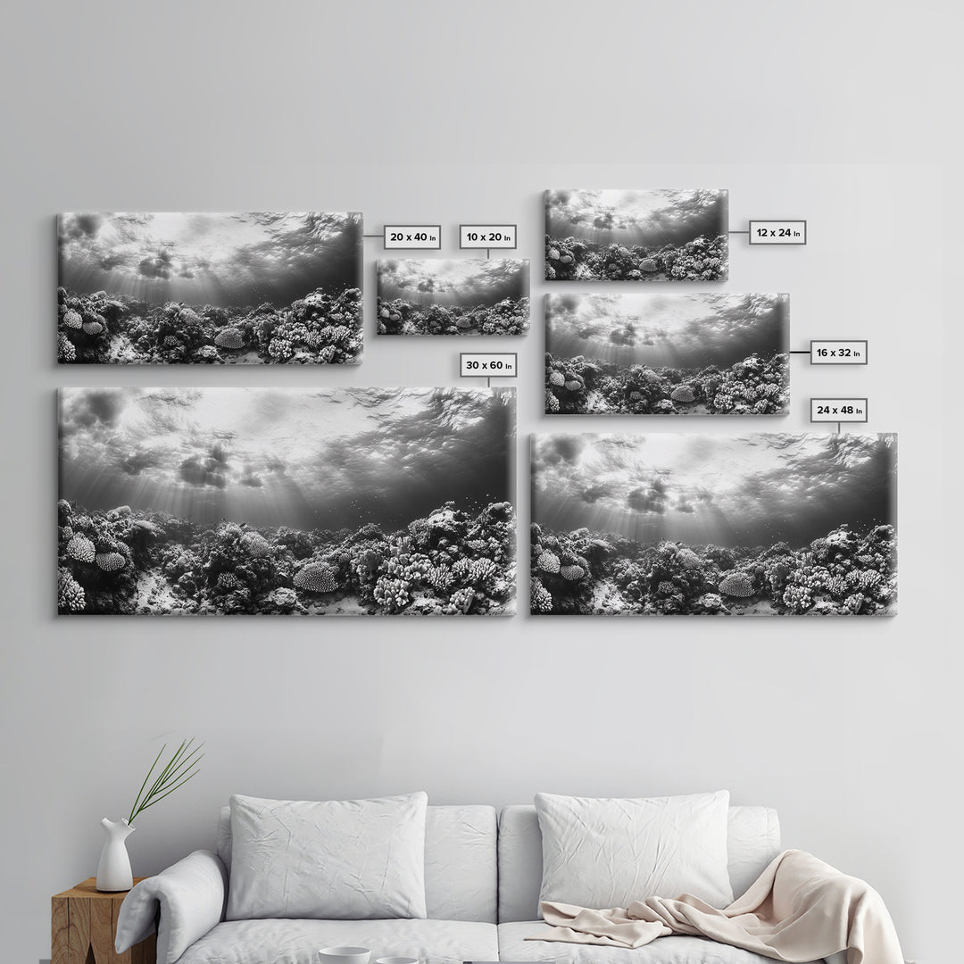 Coral Reef, Ocean Depths, Sunlight Rays, Marine Life, Canvas Print, Minimalist Nature Art, Bathroom Decor, Underwater Scene, Bedroom Wall Art