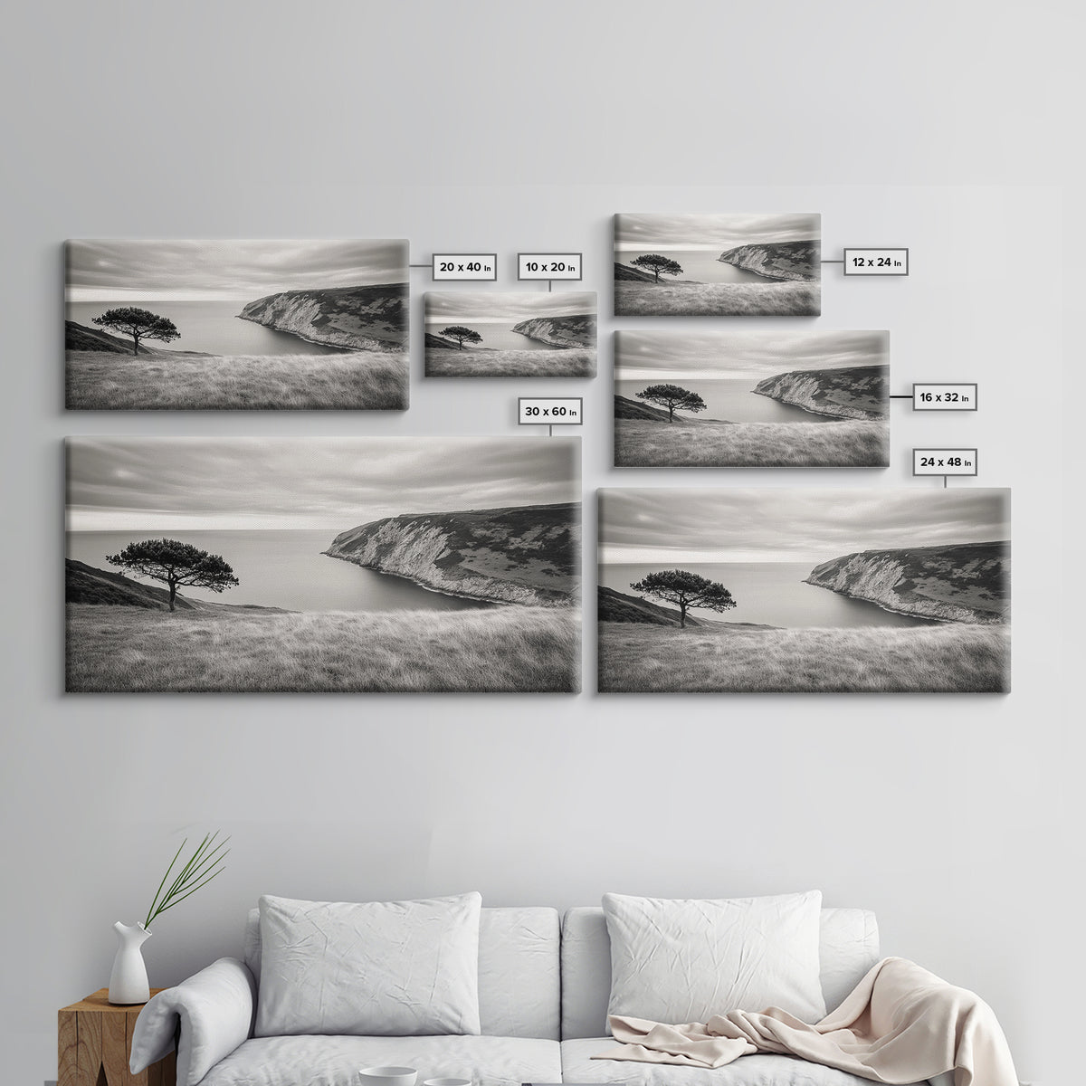 Coastal Cliff View, Solitary Tree Scene, Modern Minimalist Style, Framed Canvas Print, Calm Neutral Wall Art, Living Room Decor