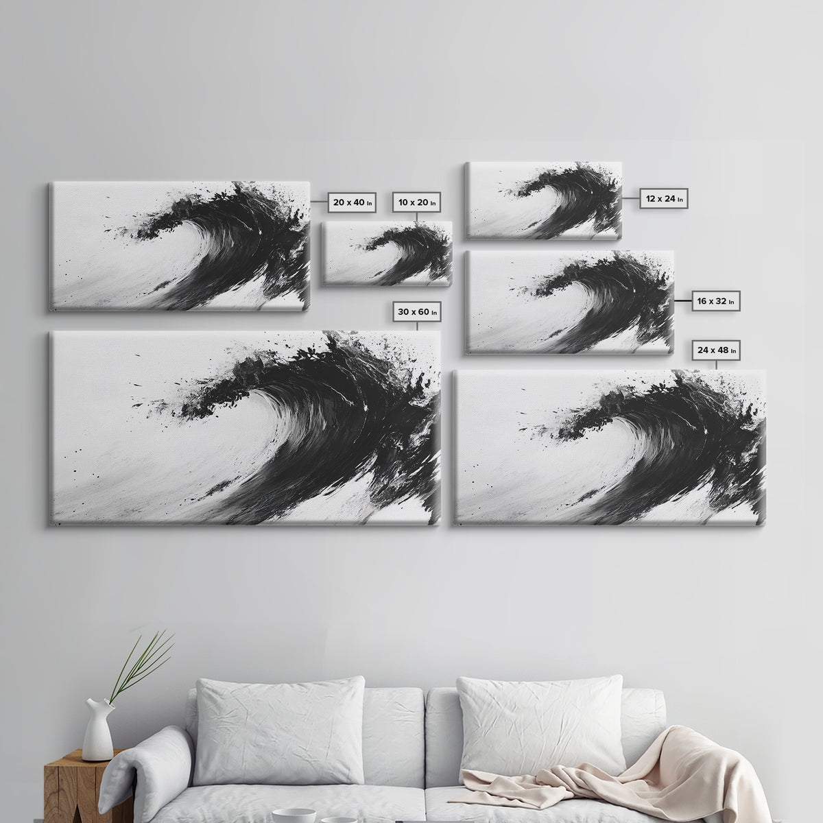 Abstract Wave, Black White, Modern Ink, Ocean Motion, Canvas Print, Minimalist Art, Office Wall Decor, Contemporary Coastal Style