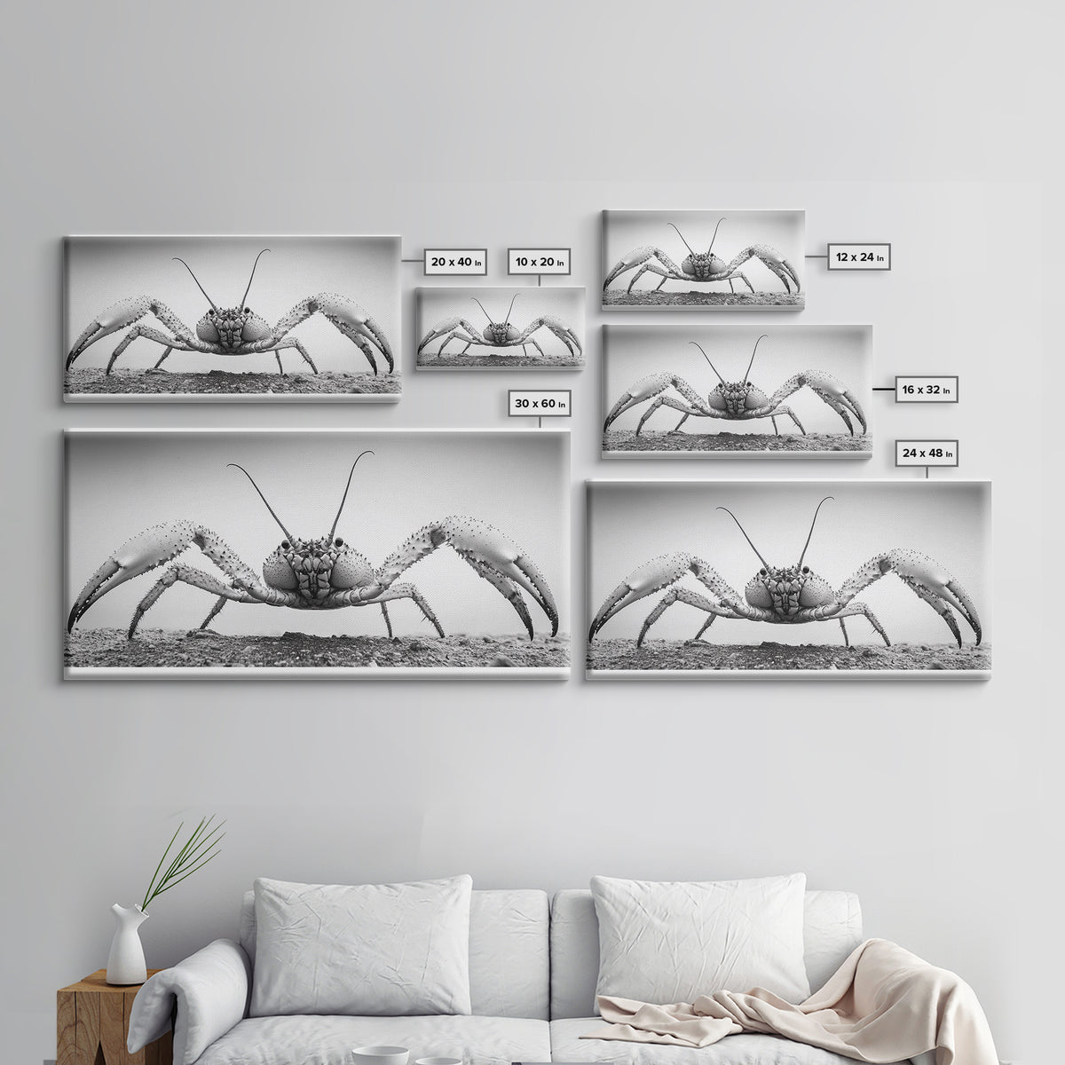 Crab Art, Beach Creature, Monochrome Photography, Nature Close-Up, Framed Canvas Print, Coastal Bathroom Art, Marine Home Style
