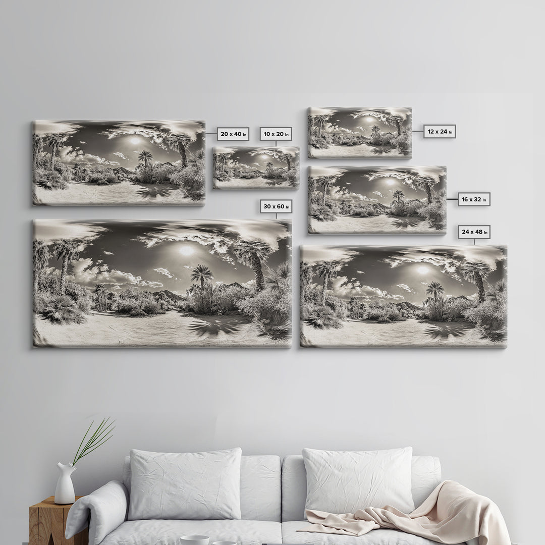 Desert Oasis, Palm Landscape, Nature Panorama, Framed Canvas Print, Tropical Wall Art, Living Room Decor, Boho Aesthetic, Sunlit Scene