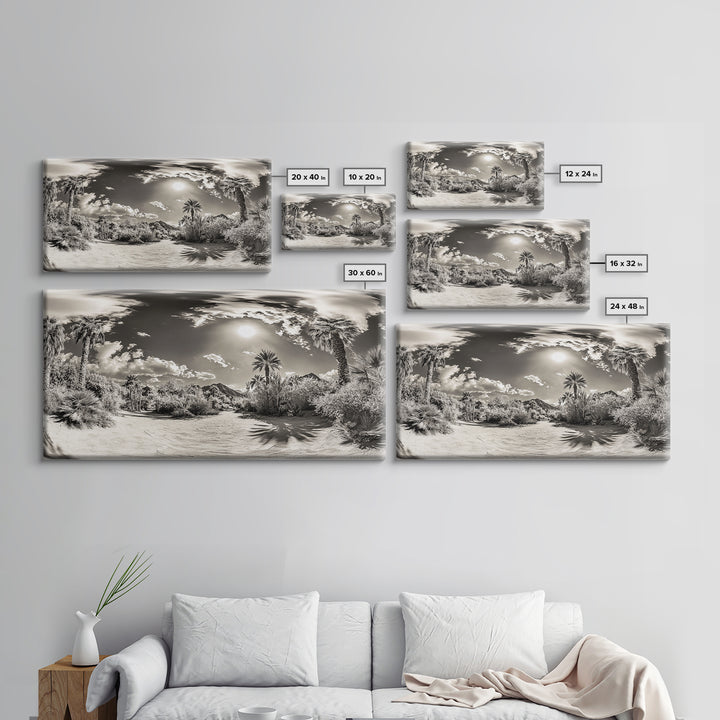 Desert Oasis, Palm Landscape, Nature Panorama, Framed Canvas Print, Tropical Wall Art, Living Room Decor, Boho Aesthetic, Sunlit Scene