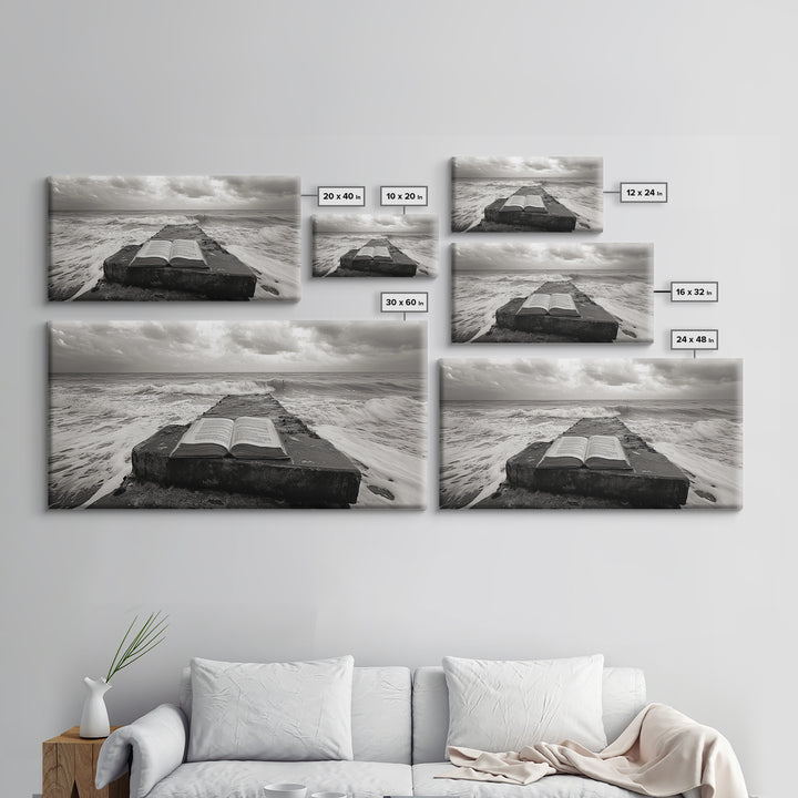 Ocean and Book, Moody Literary Print, Surreal Seascape Art, Framed Canvas Print, Library or Reading Nook Wall Decor, Dark Academia