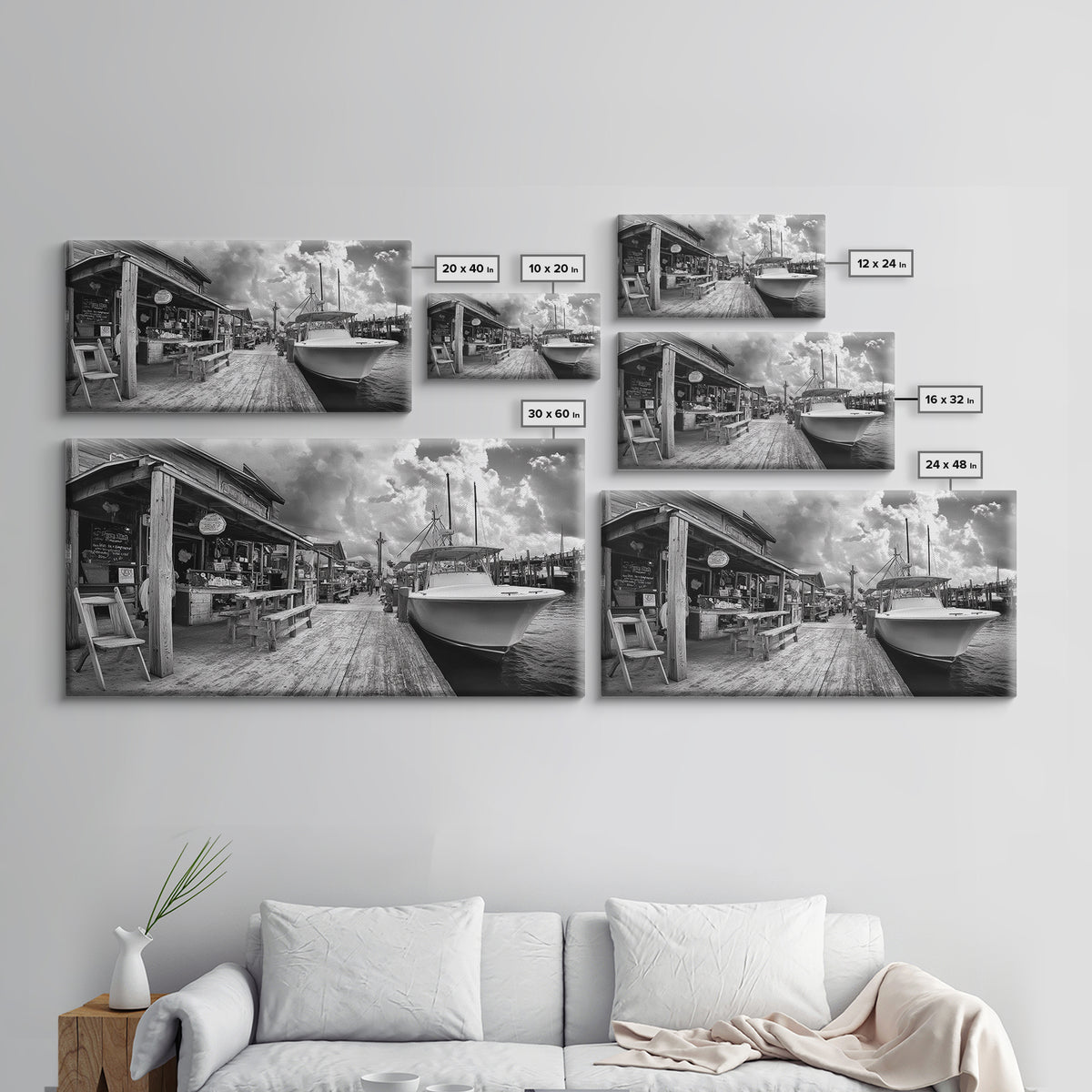 Dockside Market, Nautical Vibes, Fishing Village, Framed Canvas Print, Coastal Kitchen Art, Rustic Decor, Oceanfront Life Scene