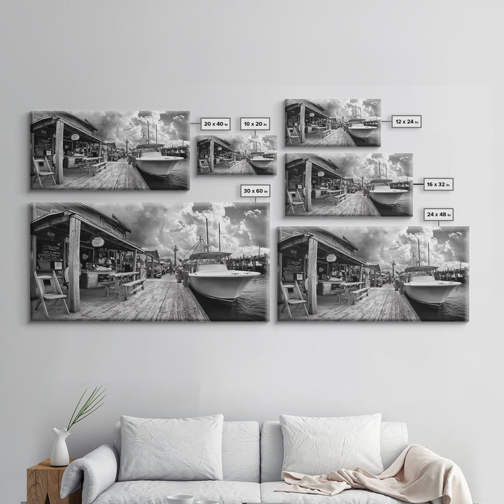 Dockside Market, Nautical Vibes, Fishing Village, Framed Canvas Print, Coastal Kitchen Art, Rustic Decor, Oceanfront Life Scene