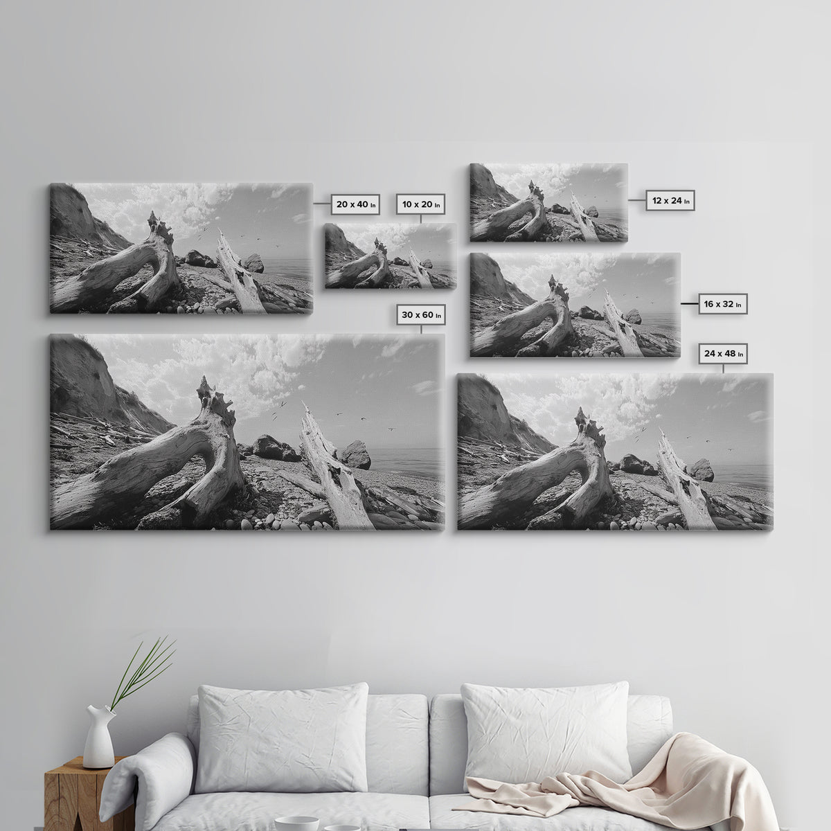 Coastal Driftwood, Beach Landscape, Pebble Shore Scene, Natural Decor Accent, Canvas Print, Relaxed Vibe, Entryway or Den Wall Art