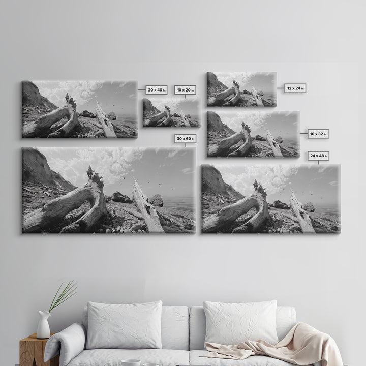 Coastal Driftwood, Beach Landscape, Pebble Shore Scene, Natural Decor Accent, Canvas Print, Relaxed Vibe, Entryway or Den Wall Art