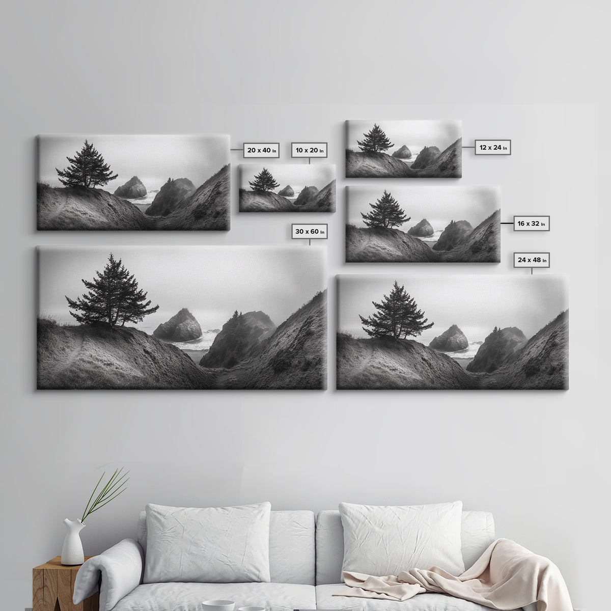 Coastal Cliff Scene, Evergreen Ocean Landscape, Pacific Northwest View, Framed Canvas Print, Nature Inspired Wall Art, Minimalist Decor