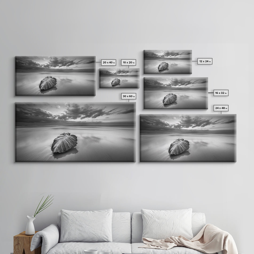 Beach Leaf Still, Autumn Nature Scene, Calm Ocean Shoreline, Canvas Print, Fall Bathroom Wall Art, Neutral Earth Tone Decor