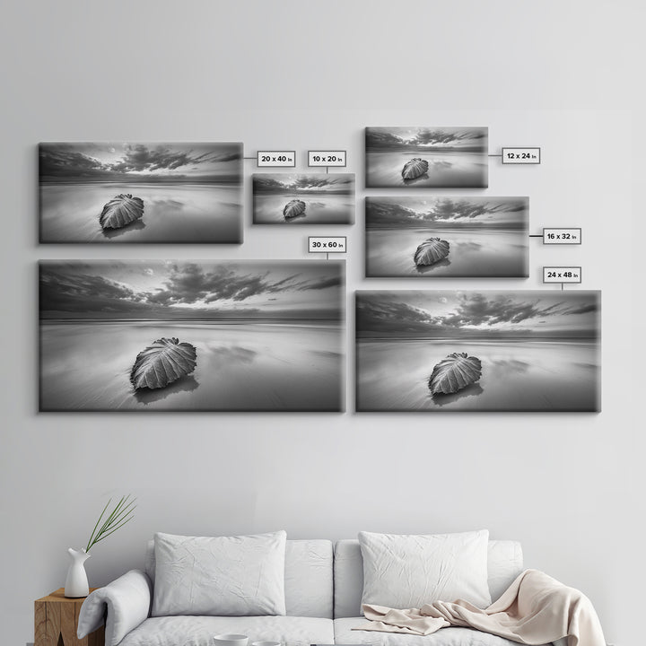 Beach Leaf Still, Autumn Nature Scene, Calm Ocean Shoreline, Canvas Print, Fall Bathroom Wall Art, Neutral Earth Tone Decor