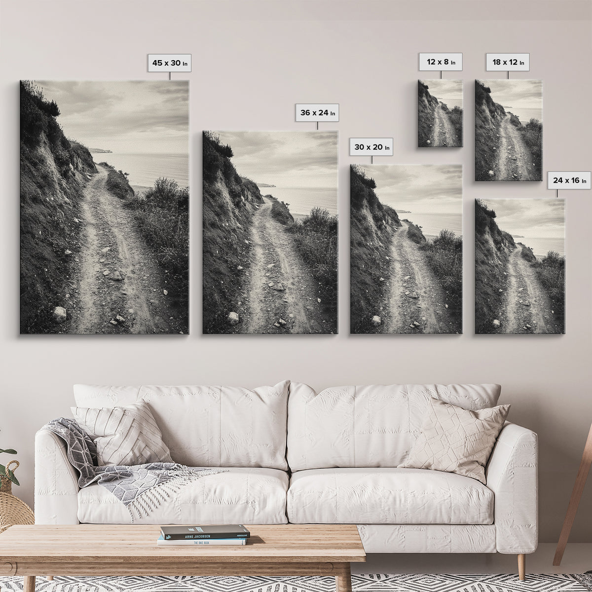 Coastal Cliff Path, Tranquil Trail, Black and White Landscape, Nature Lover Gift, Framed Canvas Print, Entryway Wall Art, Rustic Boho Art