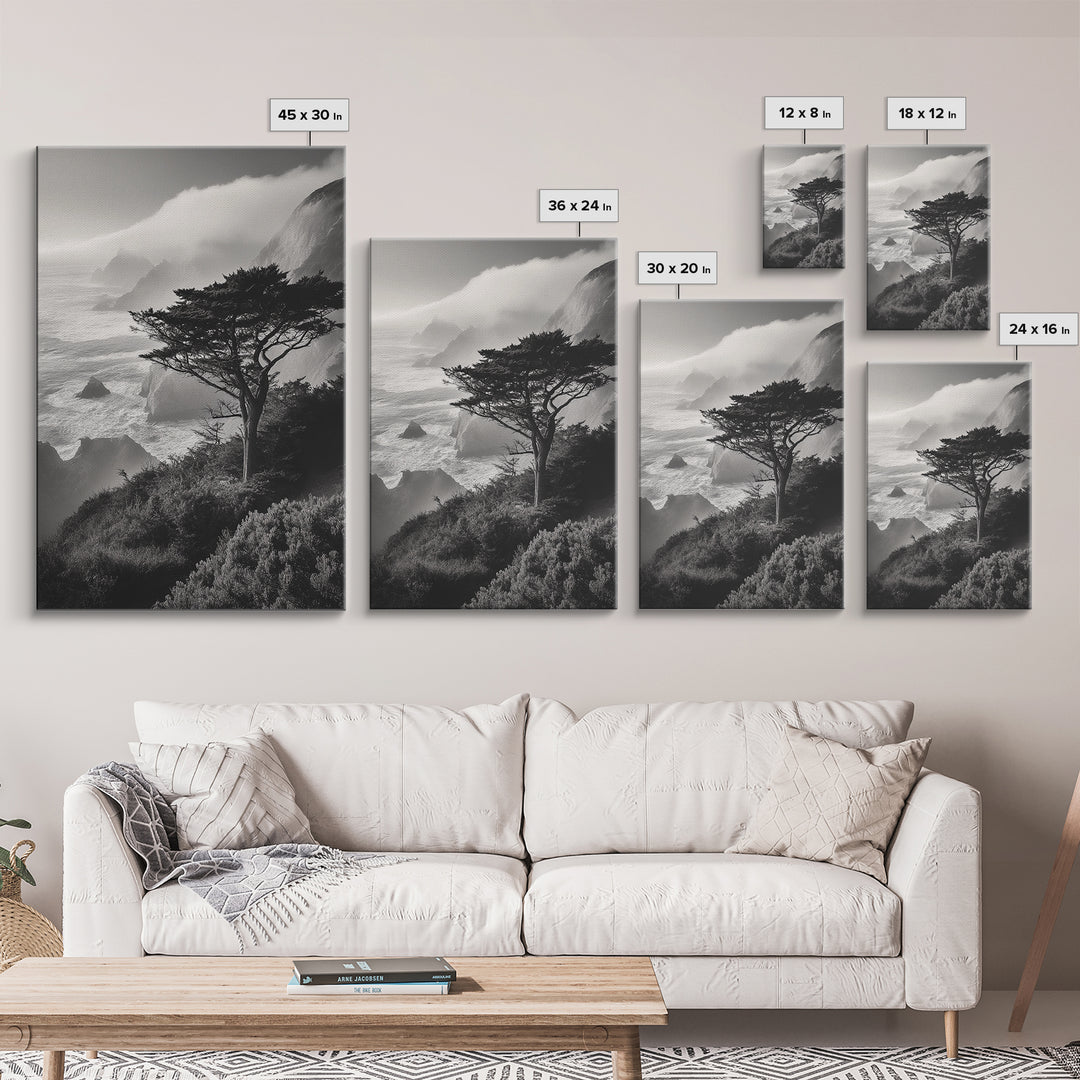 Tree On Cliffs, Foggy Coastline, Monochrome Coastal View, Moody Nature Scene, Framed Canvas Print, Bedroom Wall Art, Earthy Minimalist Decor