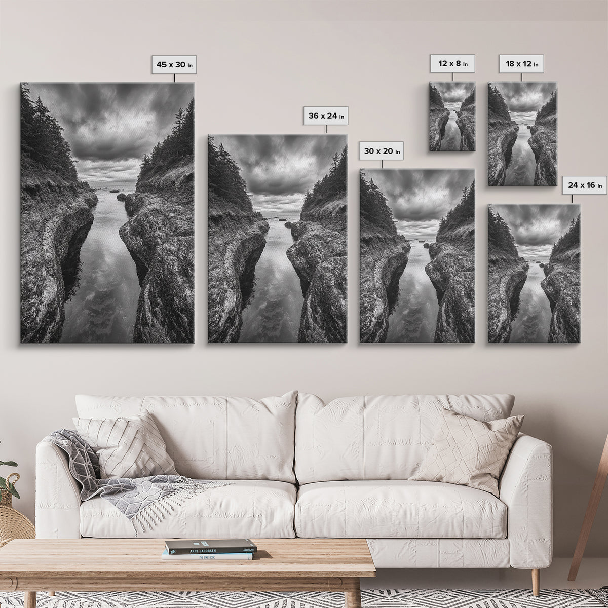 Rocky Waterway, Coastal Reflections, Dramatic Cloudscape, Ocean Nature Print, Framed Canvas Print, Bathroom Wall Art, Modern Rustic Style