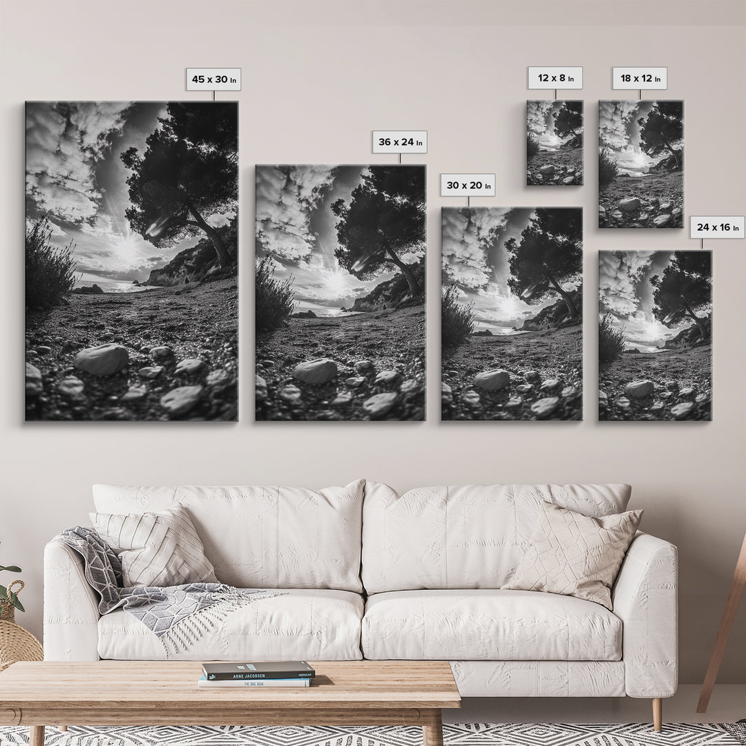 Sunset Beach View, Wide Angle Perspective, Nature Shoreline, Monochrome Landscape, Framed Canvas Print, Hallway Wall Art, Beach Decor