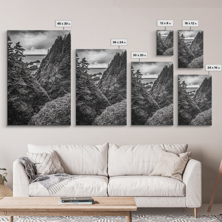 Rugged Ocean View, Coastal Forest, Black and White Mountains, Pacific Northwest Vibes, Framed Canvas Print, Den Wall Art, Moody Cabin Decor