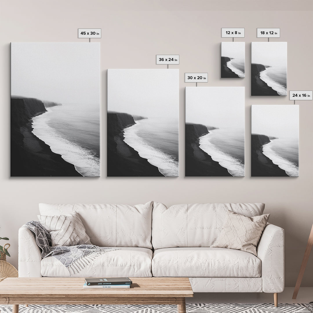 Cliff Coast, Mist Horizon, Monochrome Sea, Rugged Beauty, Canvas Print, Living Room Wall Art, Coastal Modern Style, Minimalist Ocean Scene